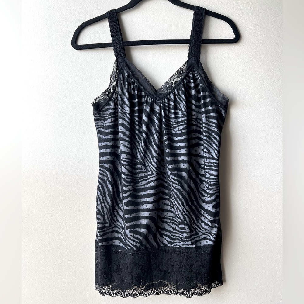 Women’s Studio Y Zebra Print Tank with Black Lace Overlay, Size M, EUC